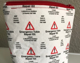 Emergency Tubie Repair Kit White with Black words: Zipper Tubie Pouch Large Size; Water resistant lining, heavy duty zipper, custom designed