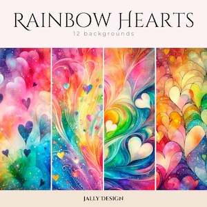Rainbow watercolor hearts on abstract background - Digital paper
