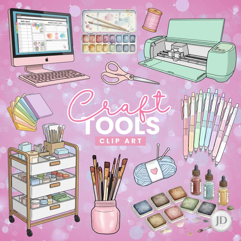 May include: A collection of craft tools and supplies, including a computer, cutting machine, paintbrushes, pens, ink pads, and a rolling cart. The image features the text "Craft Tools Clip Art" in a pink and white color scheme.