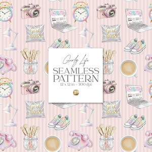 May include: A seamless pattern featuring various girly life elements on a pink striped background. The design includes cameras, laptops, alarm clocks, makeup brushes, coffee cups, sneakers, and a pillow with "Girl Boss" text. The pattern is 12 x 12 inches.