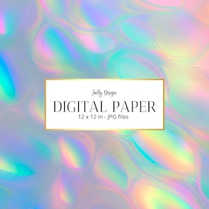 May include: Digital paper with a holographic, iridescent design. The background features flowing, organic shapes in shades of blue, pink, and yellow. The text "DIGITAL PAPER" is displayed in a gold-bordered rectangle, with dimensions of 12 x 12 inches.