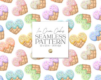 Pastel ice cream cookies in shape of heart seamless pattern
