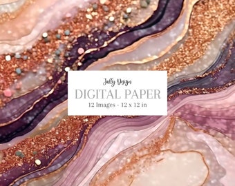 Purple alcohol ink with luxurious golden glitter, digital paper