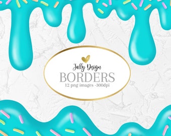 Borders clip art. Blue dripping ice cream overlays. Decorative edges collection.