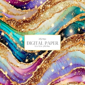 Luxurious iridescent rainbow agate with golden glitter borders. Digital paper collection.