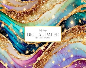Luxuosa ágata arco-íris iridescente com bordas de glitter dourado. Coleção de papel digital.