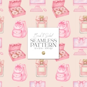 Back to school pink coquette bag pack, perfume and computer seamless pattern