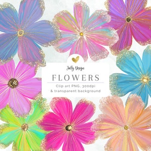 Kleurrijke bloemen met gouden glitter PNG-illustraties - bloemenafbeeldingen