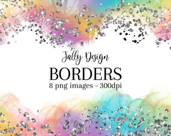 Iridescent rainbow borders clip art. Colorful alcohol ink and shiny glitter.