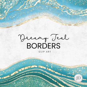 Watercolor Agate Border Clipart: Teal & Gold Elegant Frames (PNG Digital Download)