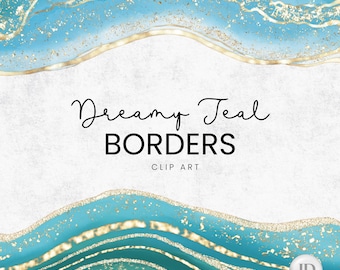 Clipart de borda de ágata em aquarela: molduras elegantes azul-petróleo e douradas (download digital em PNG)