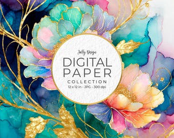 Rainbow alcohol ink flowers with golden foil digital paper