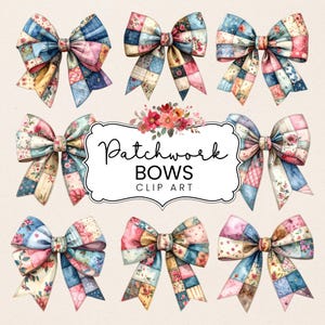 Puede incluir: Ilustración de nueve lazos patchwork de acuarela en varios colores, incluyendo azul, rosa y amarillo. Los lazos tienen una apariencia acolchada y están decorados con motivos florales. También se incluye el texto "Patchwork BOWS CLIP ART".