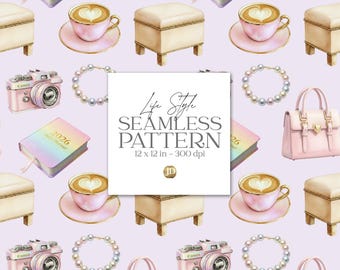Pastel pink life style and fashion supplies seamless pattern