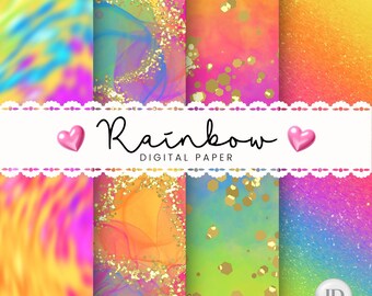 Coleção de papel digital com arco-íris neon e glitter dourado