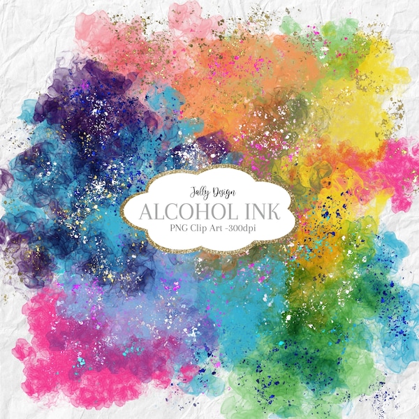 Colorful alcohol ink smudges and glitter clip art