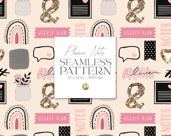 Pink and black planner clip art seamless pattern design