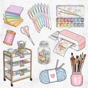 May include: An illustration of various craft and art supplies. Items include colorful pens, a watercolor palette with brushes, a pink label maker, a jar of buttons, a spool of thread, a yarn ball, and a rolling cart.