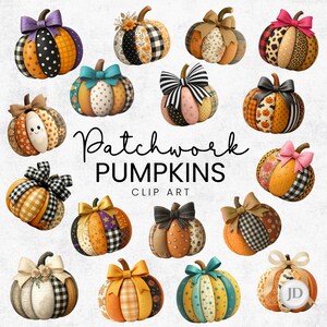 Op de afbeelding: Een verzameling digitaal geïllustreerde patchwork pompoenen met verschillende patronen en strikken. De pompoenen hebben oranje, zwarte, witte en paarse kleuren. De tekst "Patchwork Pumpkins Clip Art" is ook zichtbaar.
