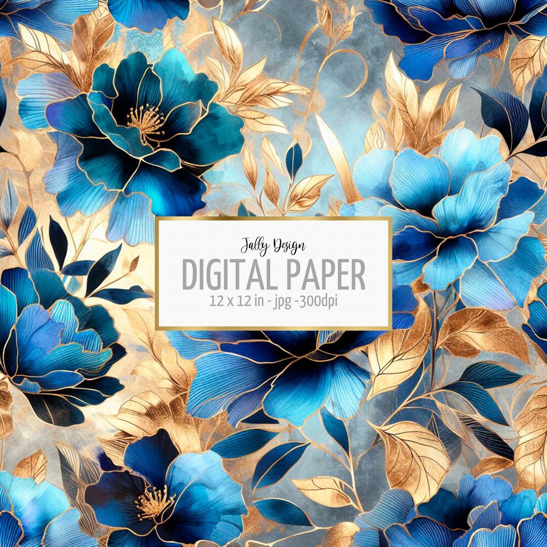 Electric Blue Flowers With Fine Metallic Accents Digital Paper Etsy