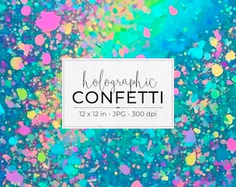 Teal holographic backgrounds with chunky neon colorful confetti, digital paper collection.
