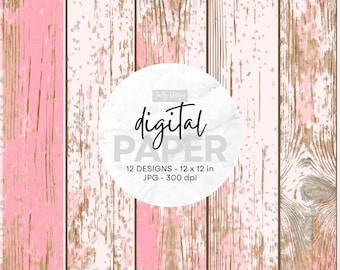 Pastel pink and white, distressed, vintage wood boards digital paper.