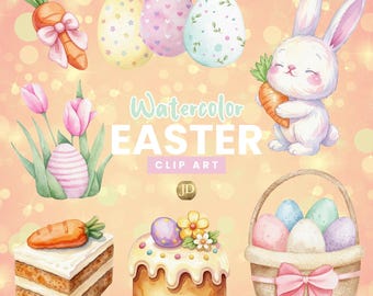 Easter eggs, carrots and bunny watercolor clipart