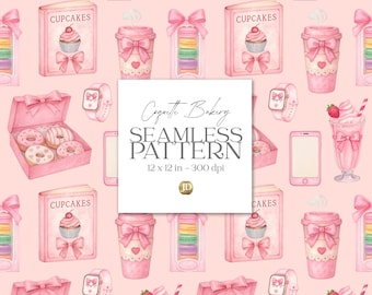 Pink coquette coffee, cookbook, macarons and donuts seamless pattern