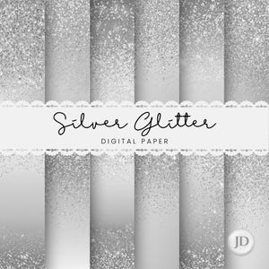 Silver gradient backgrounds with sparkling glitter confetti, digital paper collection.