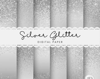 Silver gradient backgrounds with sparkling glitter confetti, digital paper collection.