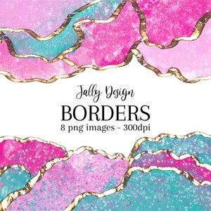 Pink und Petrol verträumte Borte Clip Art. Glänzender Effekt und goldene Foliendekorkanten.