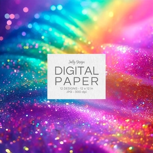 May include: A digital paper pack with 12 designs featuring a rainbow glitter background. Each design is 12 inches by 12 inches and 300 dpi.