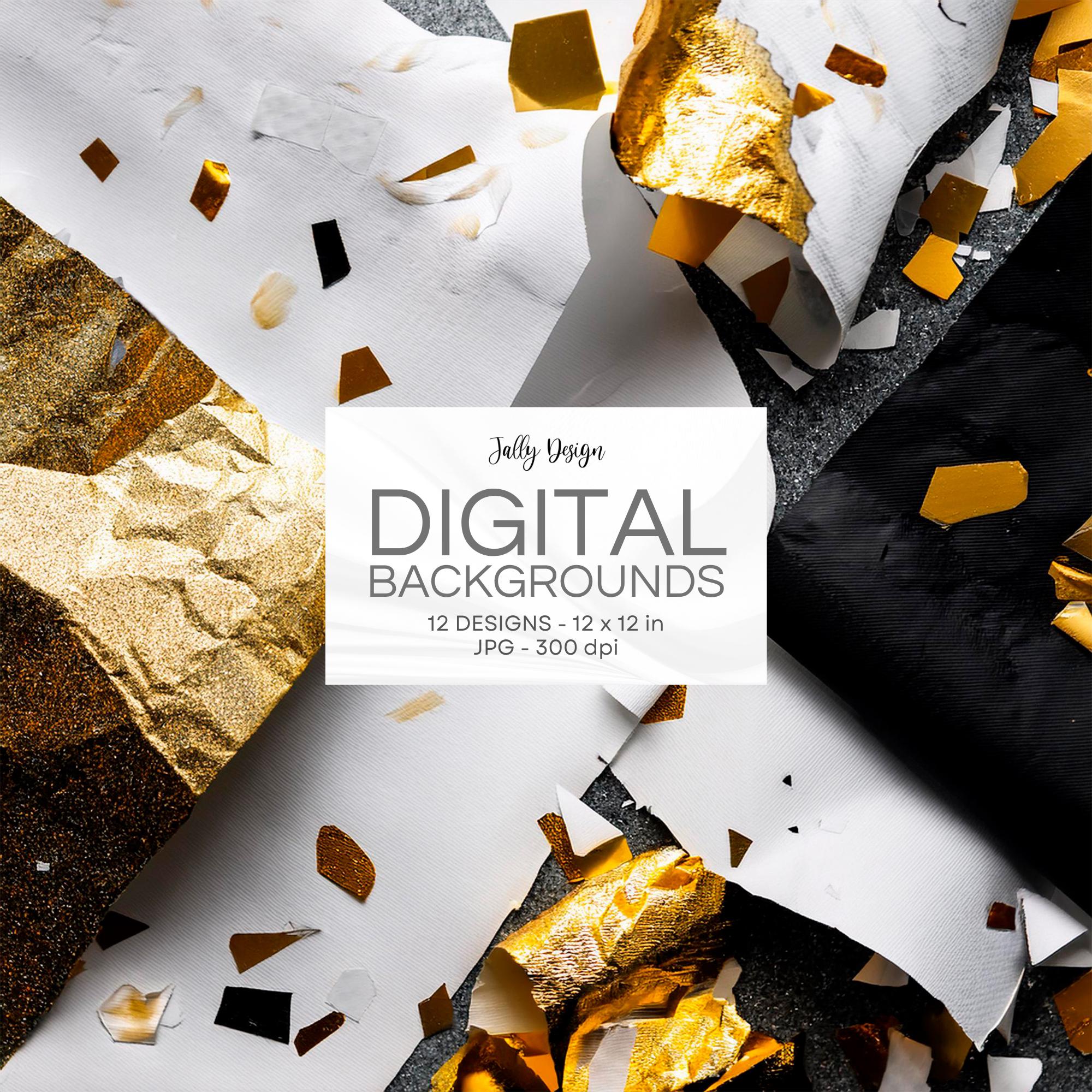 Black & white pieces of torn paper and golden foil backgrounds.