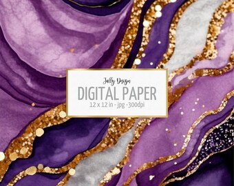 Papel digital lujoso de tinta de alcohol morada decorada con lámina de oro y brillo