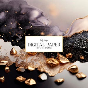 Ágata preta luxuosa decorada com folha dourada, migalhas de pedras preciosas e glitter fino. Fundo de corte geodésico. Papel digital com tinta a álcool.