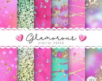 Glamorous hot pink digital paper with golden and holographic glitter.