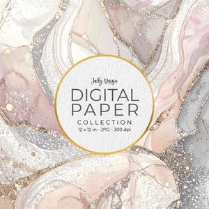 Op de afbeelding: Digitale papiercollectie met een marmerontwerp in tinten roze, grijs en goud. De afbeelding toont een cirkelvormig logo met de tekst "Jolly Design DIGITAL PAPER COLLECTION 12 x 12 in - JPG - 300 dpi". De achtergrond heeft een vloeiend, abstract patroon.