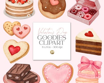 Bolos, donuts e biscoitos em formato de coração, clipart PNG em aquarela