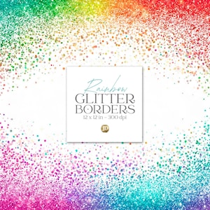 Rainbow glitter confetti on borders on white background, digital paper collection.