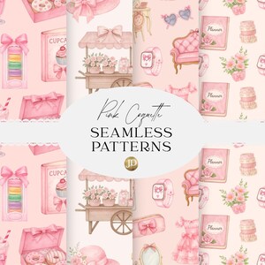 Può includere: Motivi senza cuciture ad acquerello rosa, con elementi come dessert, fiori e accessori. I motivi includono un cupcake, macarons, un carretto con fiori, un'agenda e uno smartwatch. È visibile anche il testo "Pink Coquette SEAMLESS PATTERNS".