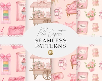 Pink Coquette life style items with bows and flowers seamless patterns