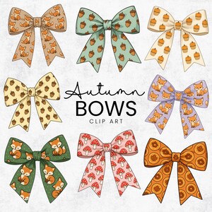 May include: A collection of nine decorative bows with autumn-themed patterns. Designs include foxes, acorns, pumpkins, and mushrooms in various colors. The text "Autumn BOWS CLIP ART" is displayed in the center.