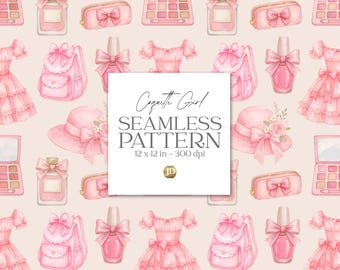Coquette girl life style pink items decorated with bows seamless pattern