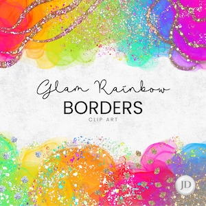 Può includere: Opera d'arte digitale colorata con bordi arcobaleno e dettagli glitterati. Il testo "Glam Rainbow Borders Clip Art" è presente. Il design comprende tonalità vivaci di rosa, arancione, giallo, verde e blu.