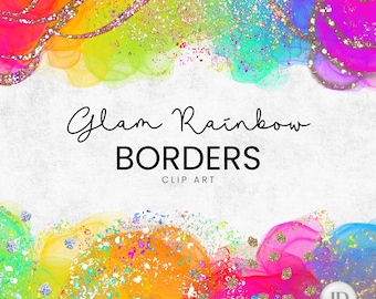 Vibrant rainbow border collection. Colorful alcohol ink and shiny glitter - clip art