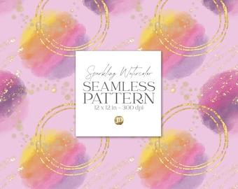 Glamorous purple watercolor background with sparkling golden glitter seamless pattern