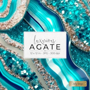 May include: A close-up of a blue and silver agate with a glittery texture. The agate has a swirling pattern of blue, white, and silver. The text "luxurious AGATE 12 x 12 in - JPG - 300 dpi" is written on a white rectangle in the center of the image. The text "Jolly Design" is written on a gold rectangle in the bottom right corner of the image.