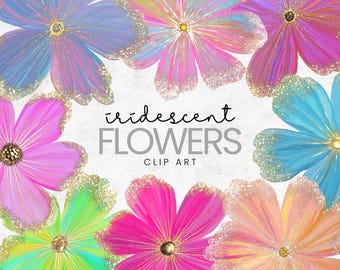 Colorful Flowers with Gold Glitter PNG Clip Art - Floral Graphics
