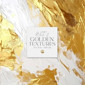 May include: Abstract art piece with white and gold textures. The image features a square white card with the text "White & Golden Textures" and the dimensions "12 x 12 in - 300 dpi". The background is a mix of white and gold paint.