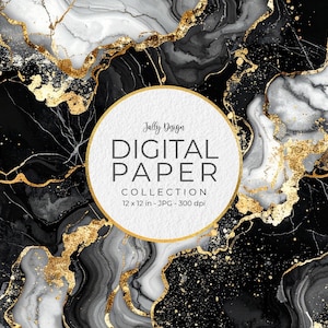 Op de afbeelding: Digitale papiercollectie met een marmerontwerp in zwart, wit en goud. De afbeelding bevat de tekst "Jally Design DIGITAL PAPER COLLECTION 12 x 12 in - JPG - 300 dpi."